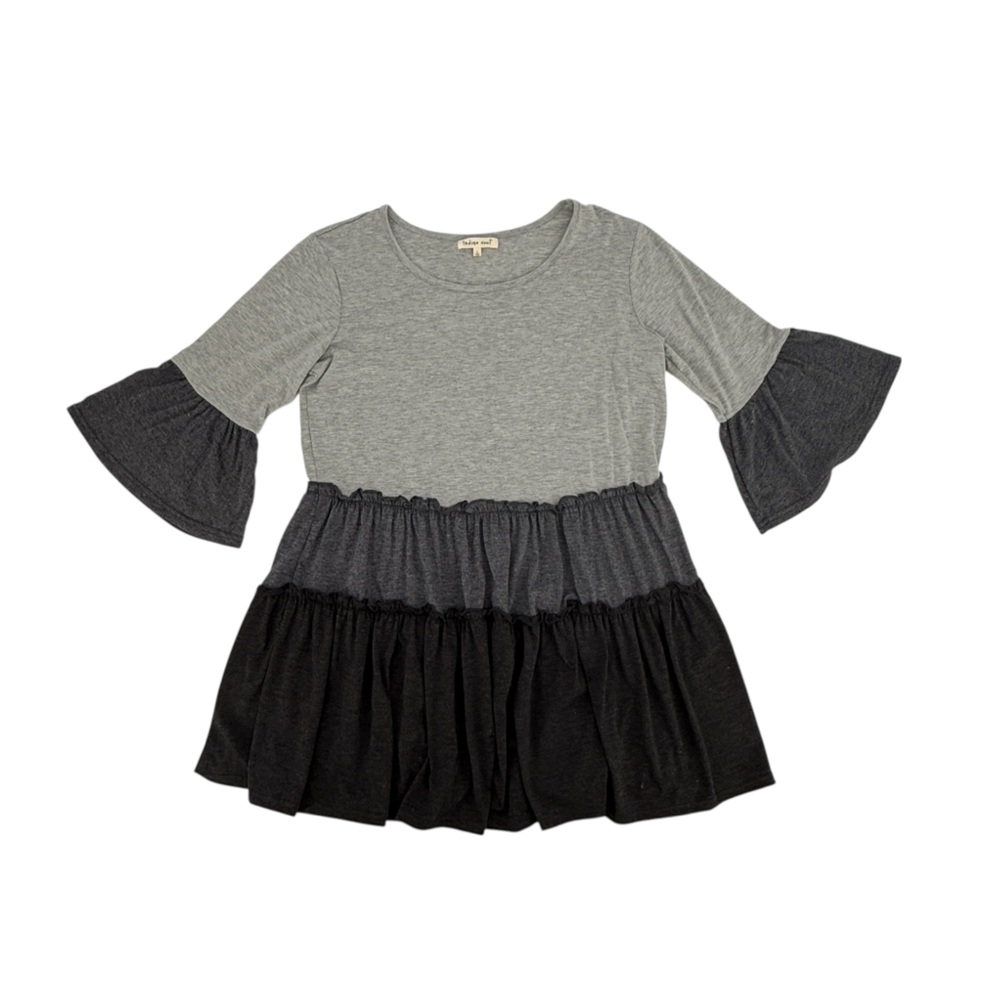 Indigo Soul Gray Black Tiered Ruffled Long Shirt Mini Dress Size Large Women’s